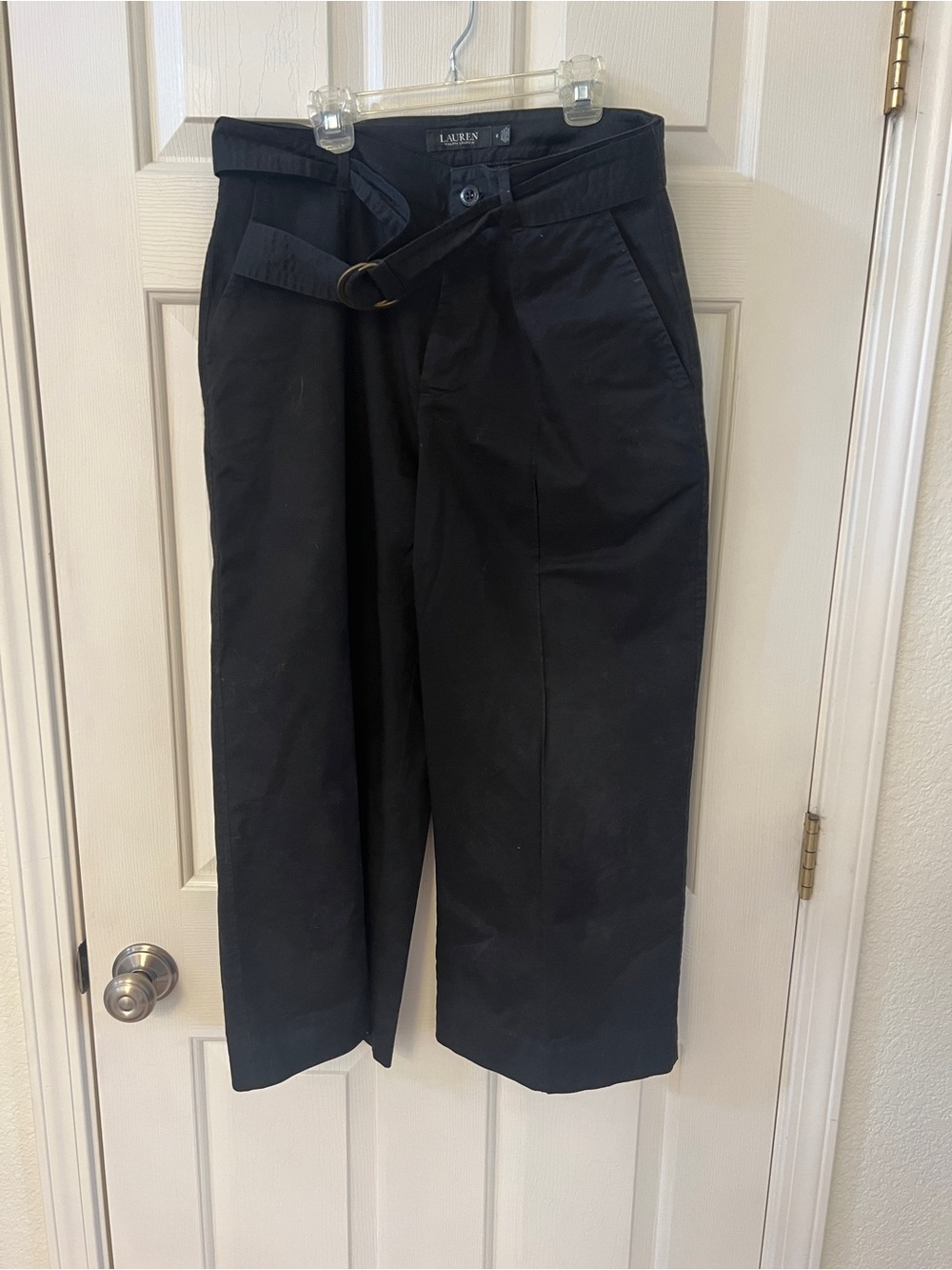 Ralph Lauren Black Paperbag Cropped, Wide Leg, Waist Belted Chinos